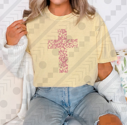 Pink Floral Cross (Tee, Sweatshirt, or Long-Sleeve)